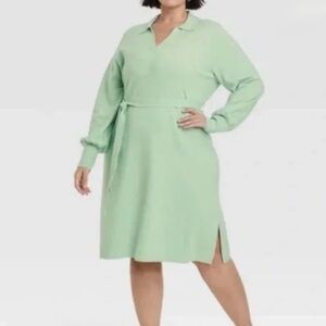 Collard Sweater Dress with Belt, Balloon Sleeves, Soft Green 4X